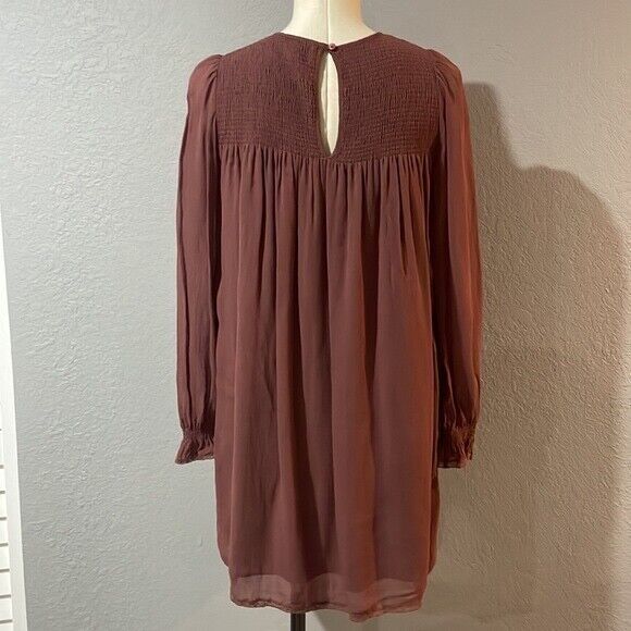 Wilfred Aritzia Babydoll Smocked Mini Dress size S Burgundy Crew Neck - Picture 9 of 13